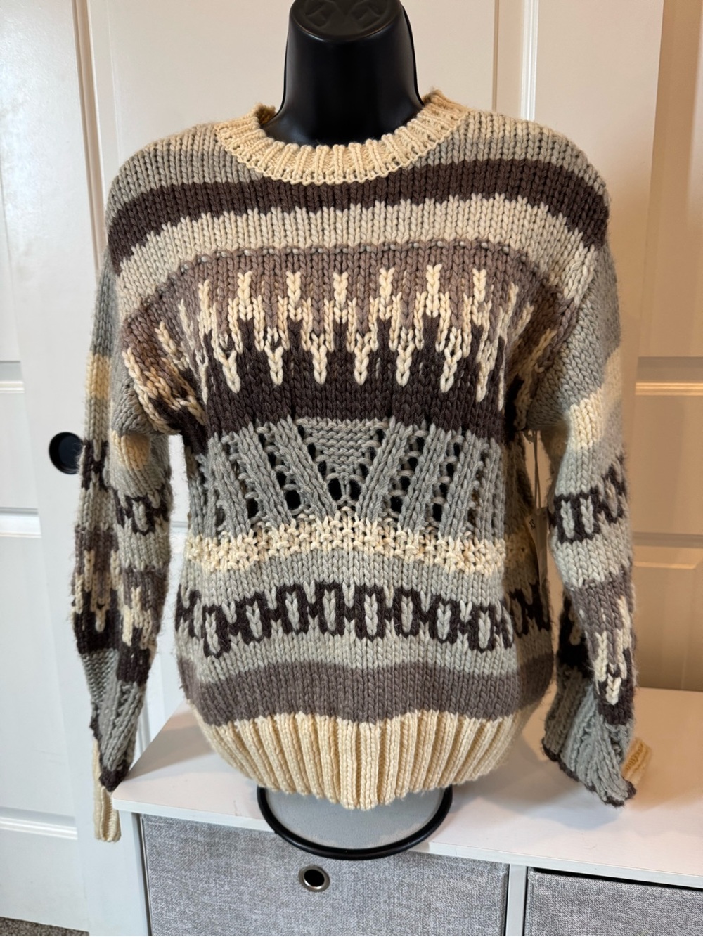 a.n.a  Striped Chunky Knit Crewneck Sweater in Cream, Gray & Brown